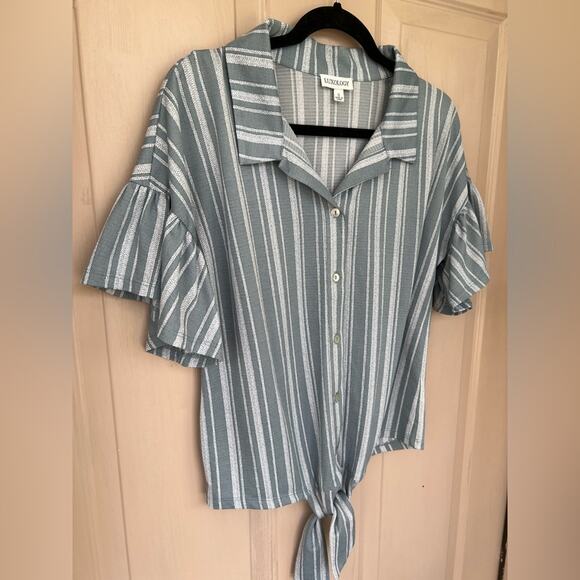 Luxology Blue and White Striped Blouse with tie and Flutter Sleeves | Size S - Picture 2 of 6